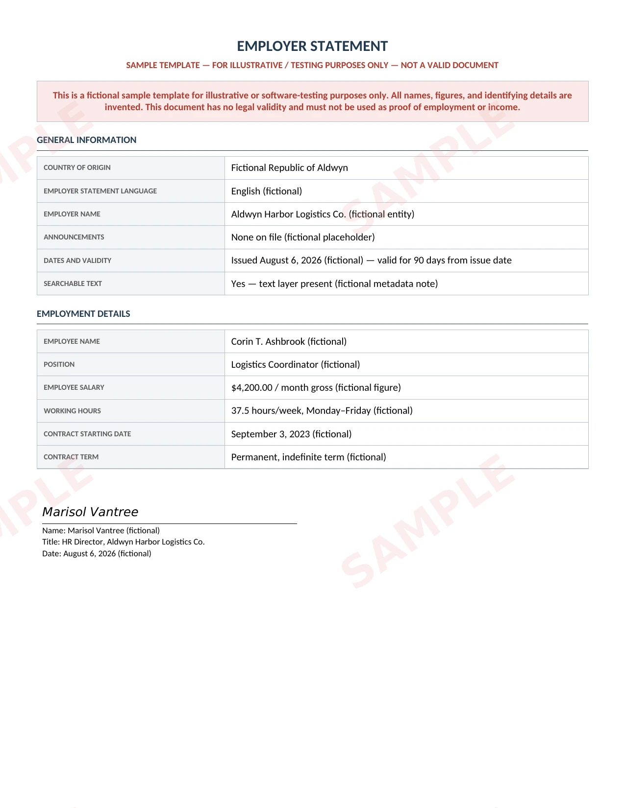 Sample Employer Statements document