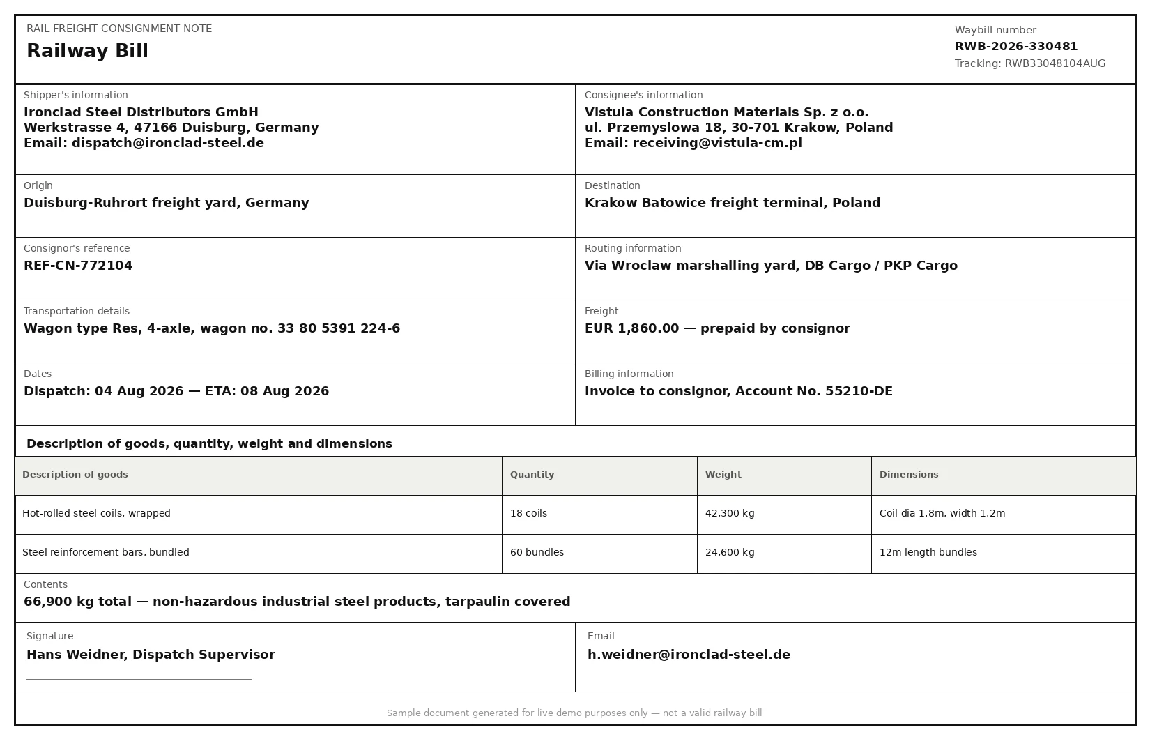 Sample Railway Bill document