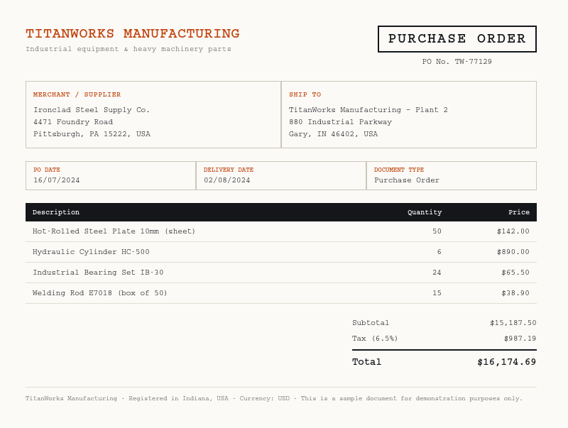 Sample Purchase Order document