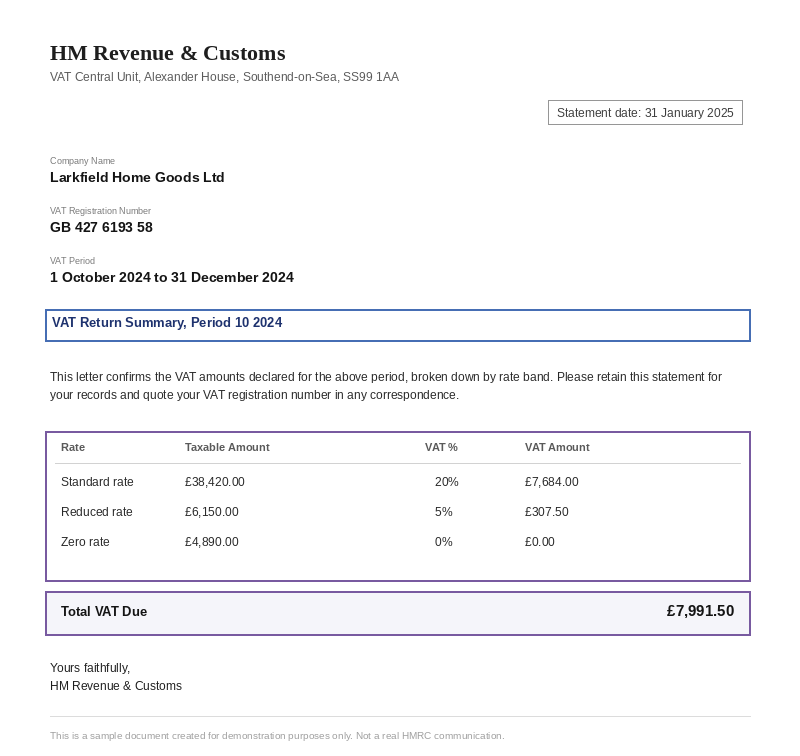 Sample Vat Statement document