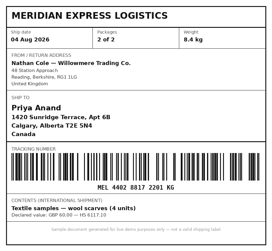 Sample Shipping Labels document