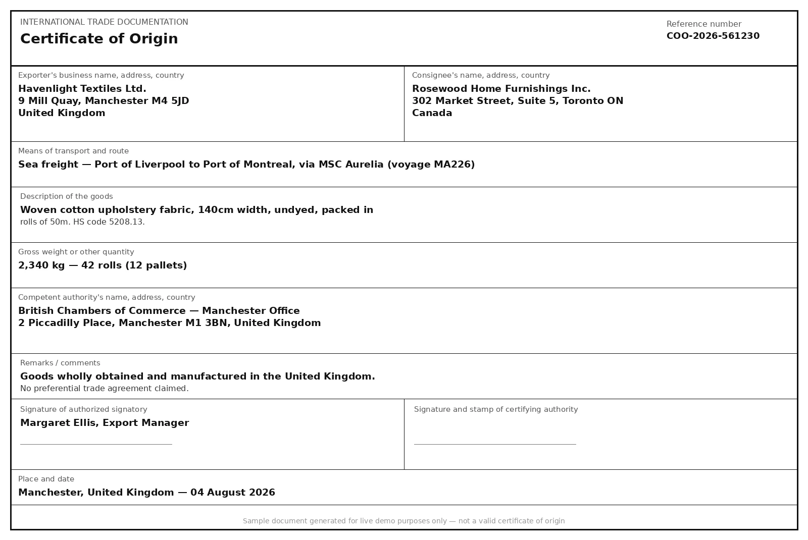 Sample Certificate Of Origin document
