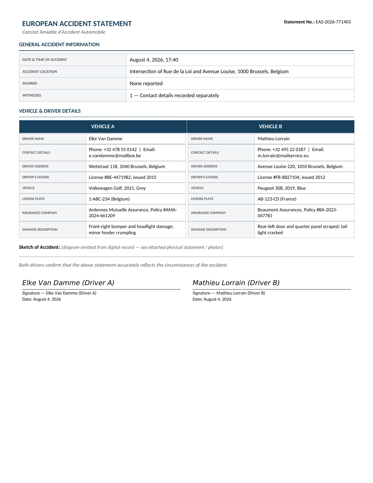 Sample European Accident Statements document