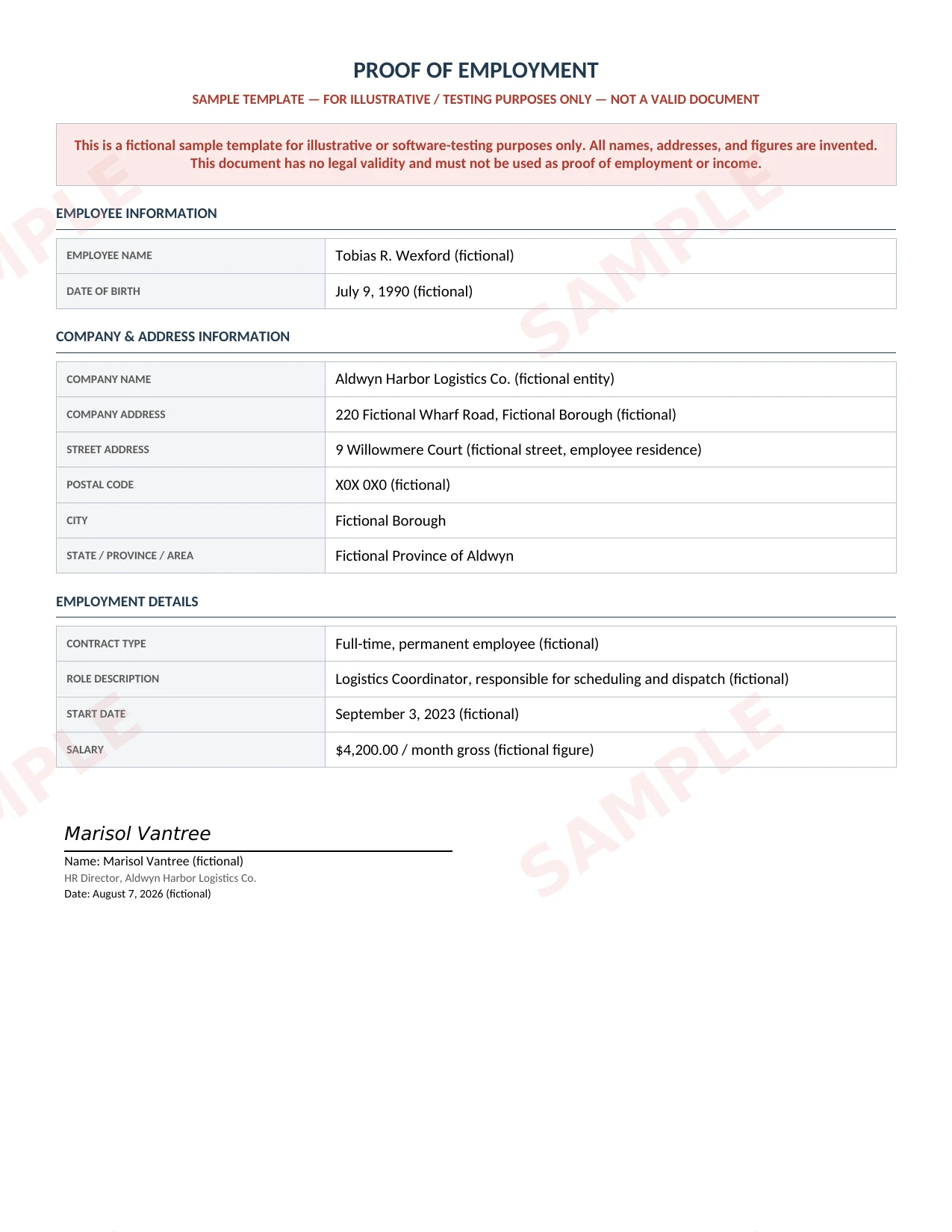 Sample Proof Employment document
