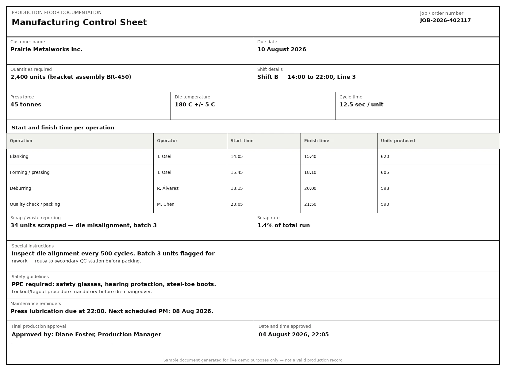 Sample Manufacturing Control Sheets document