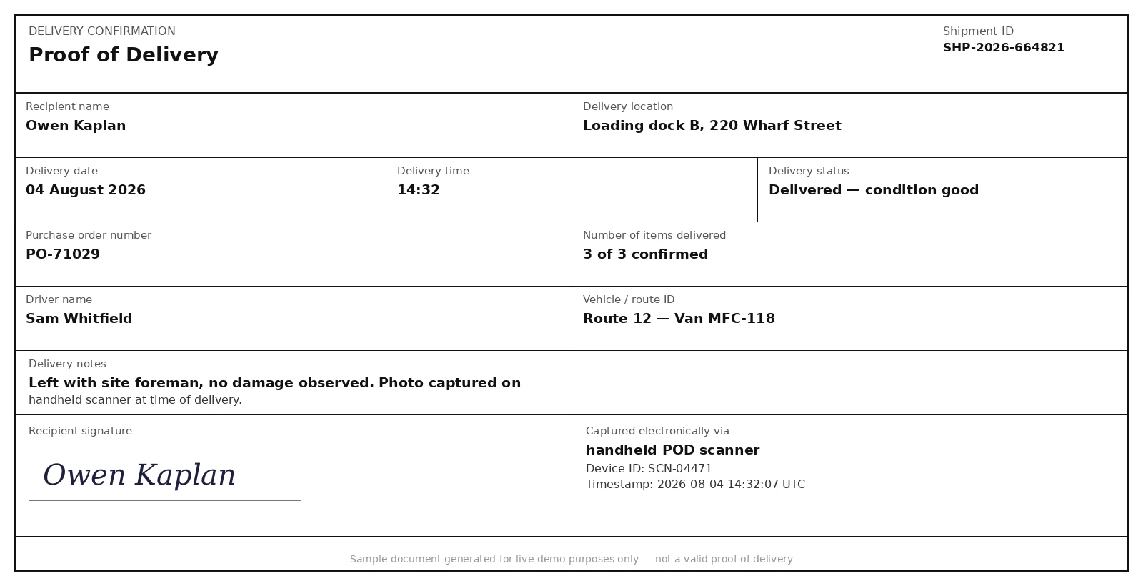 Sample Proof Of Delivery document