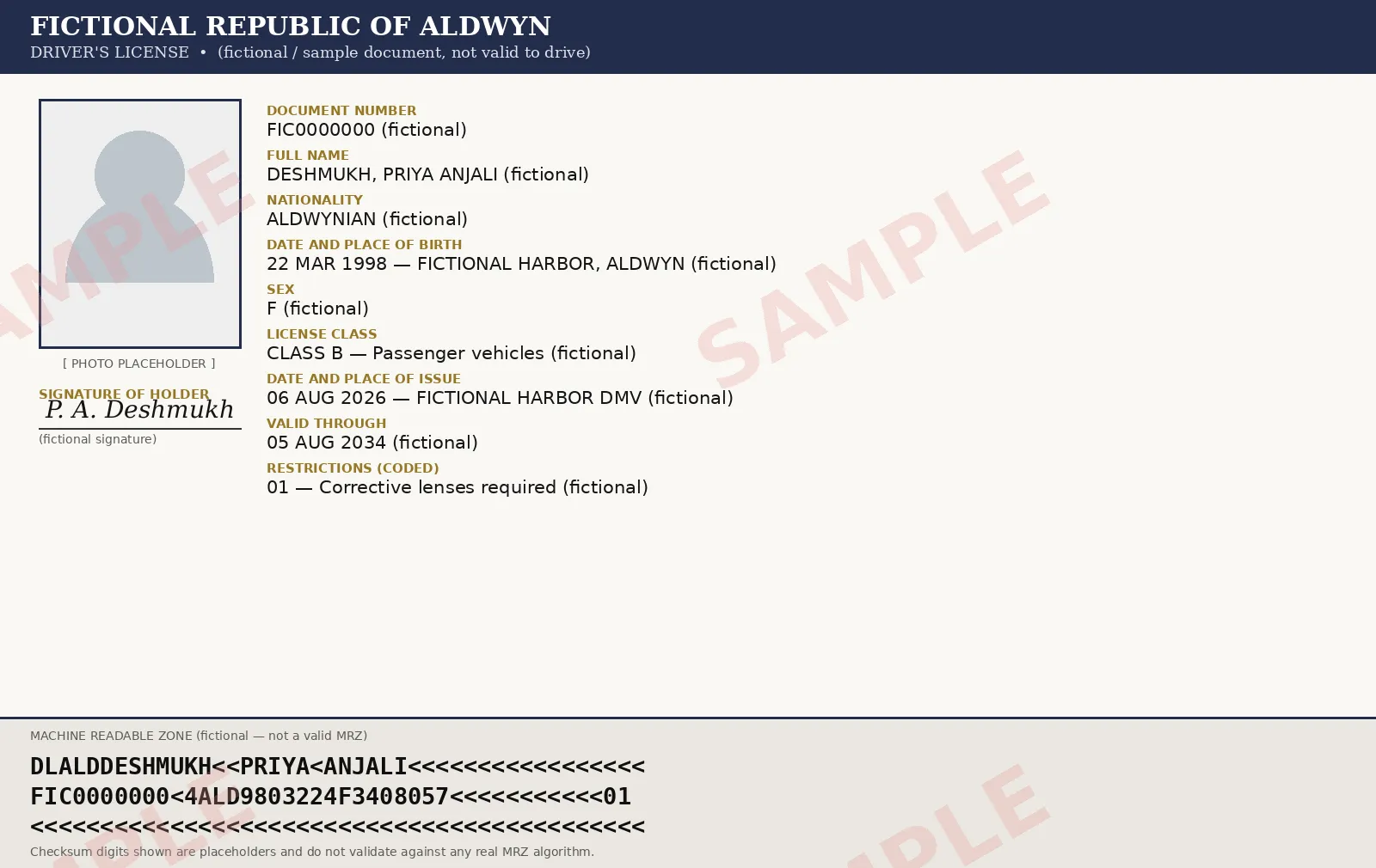 Sample Drivers License document