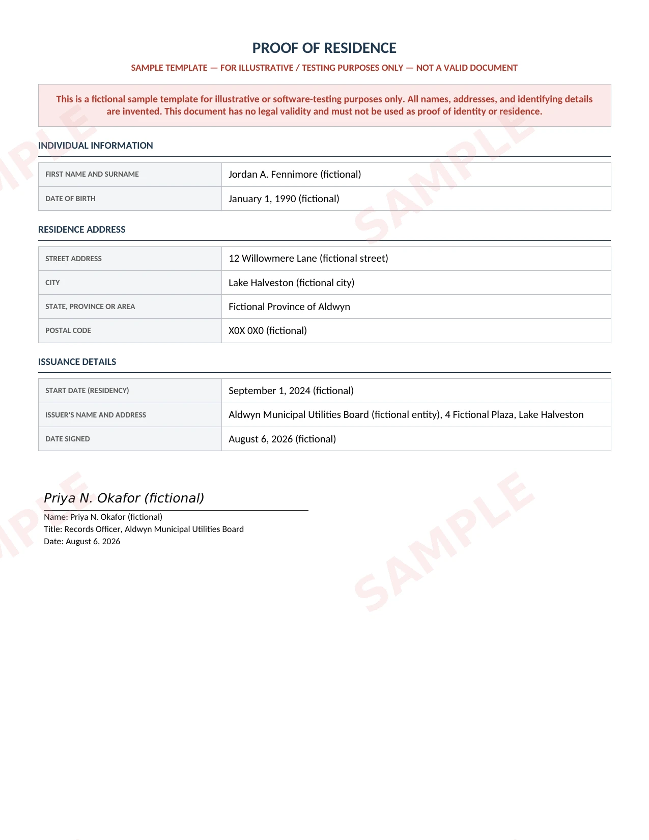 Sample Proof Of Residence document