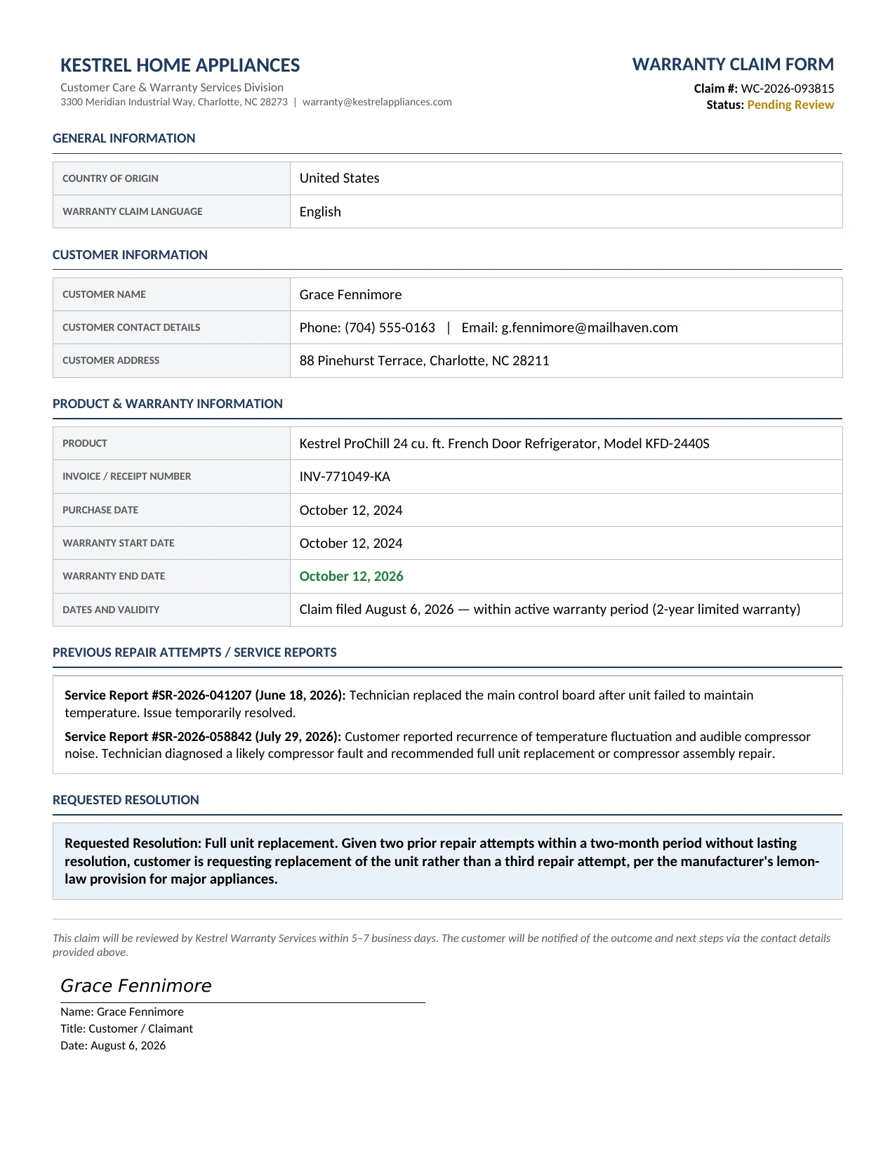 Sample Warranty Claims document