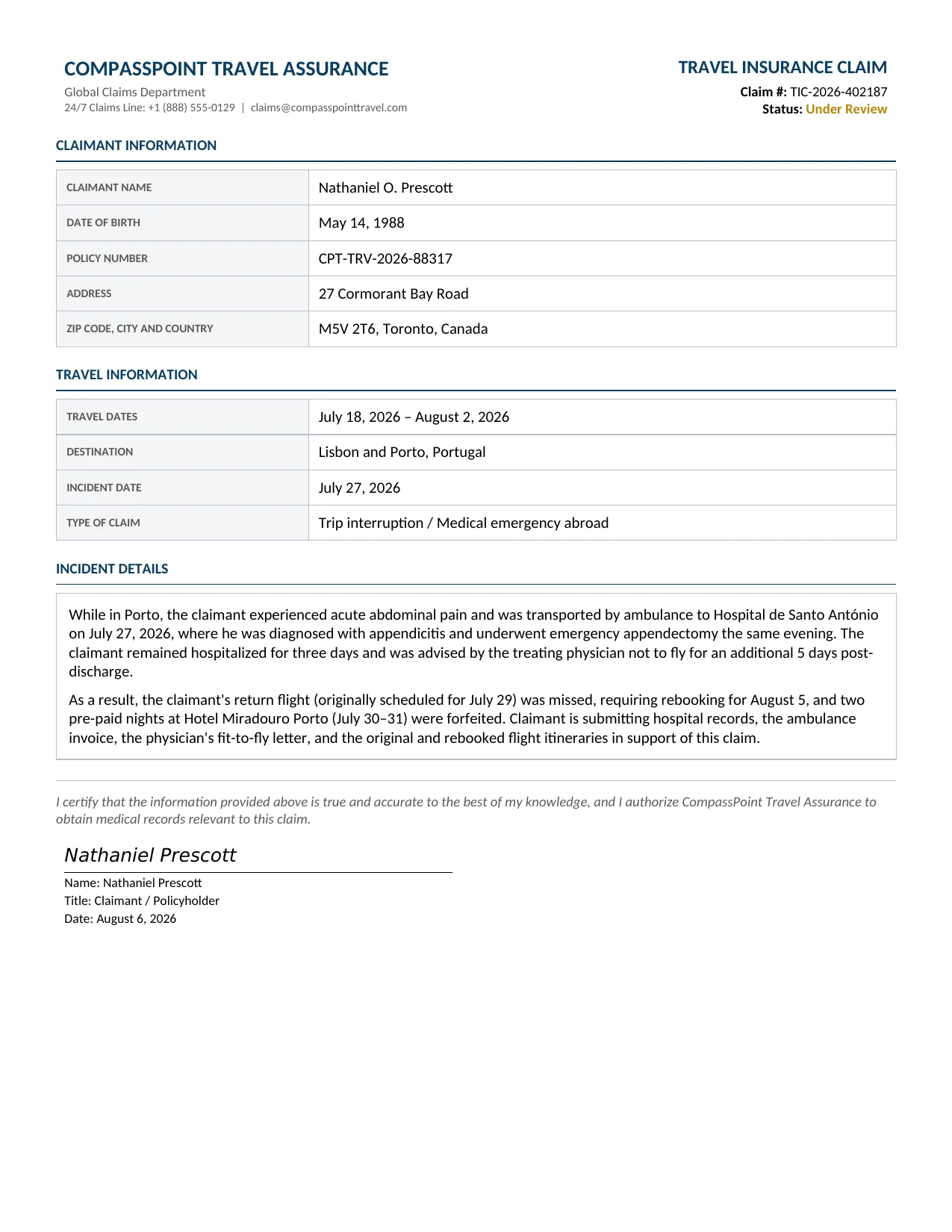 Sample Travel Insurance Claims document
