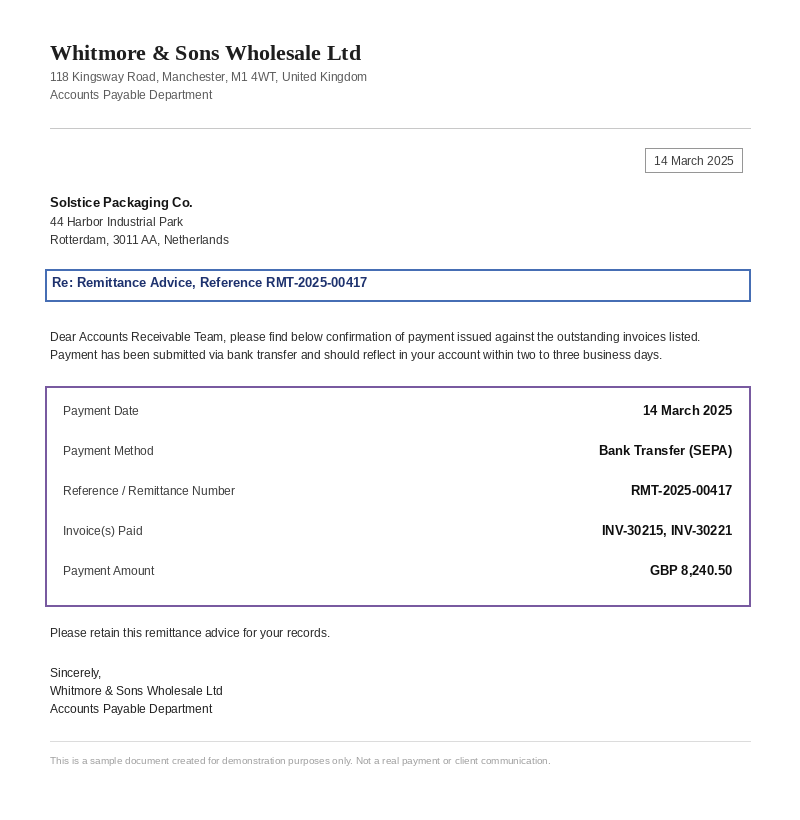 Sample Remittance Advice document