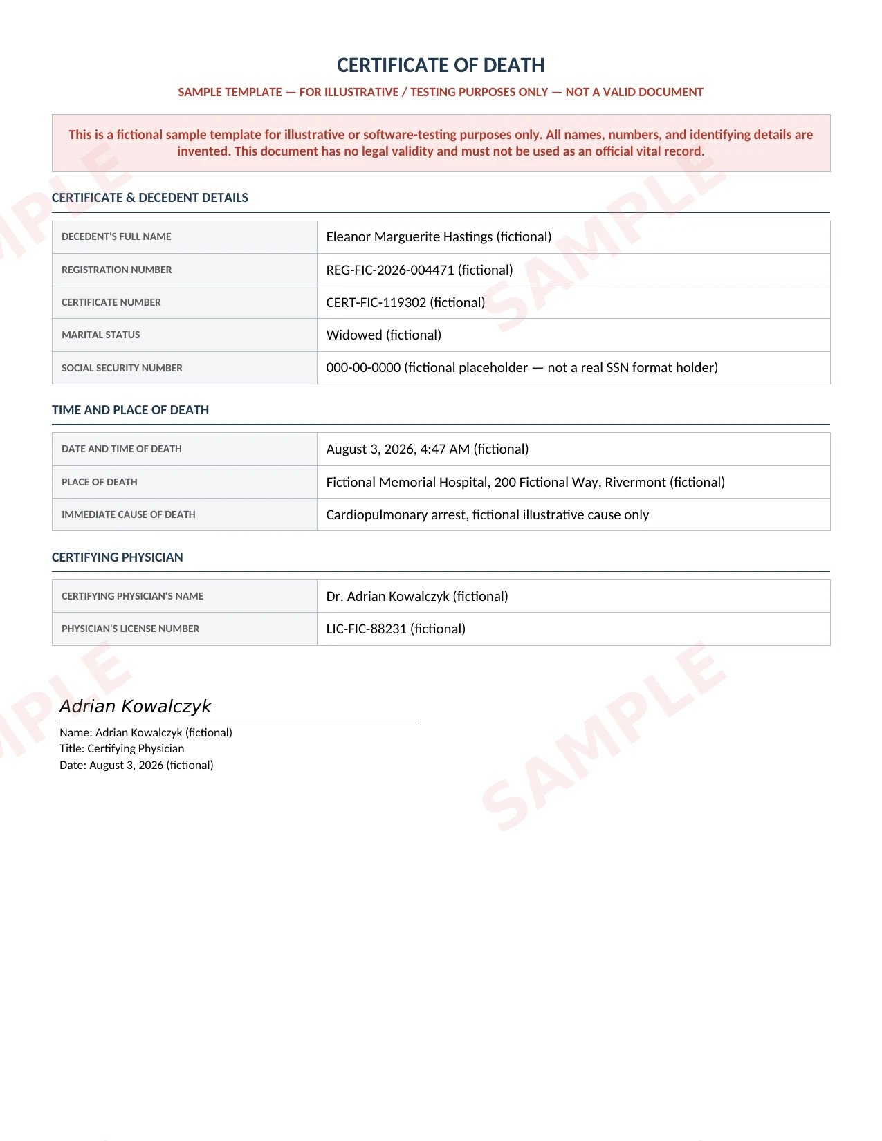 Sample Death Certificate document