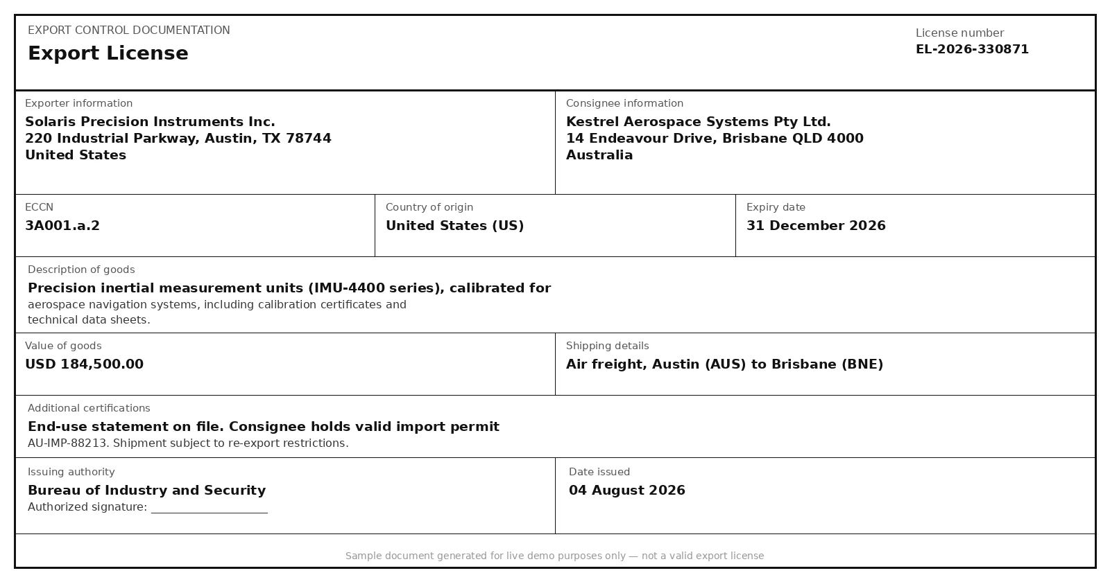 Sample Export License document