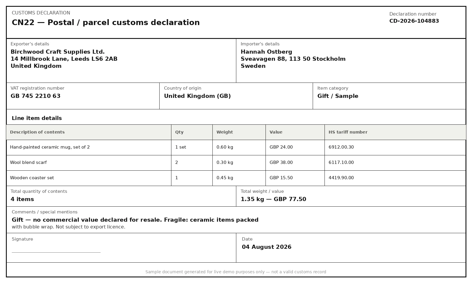Sample Custom Declarations document