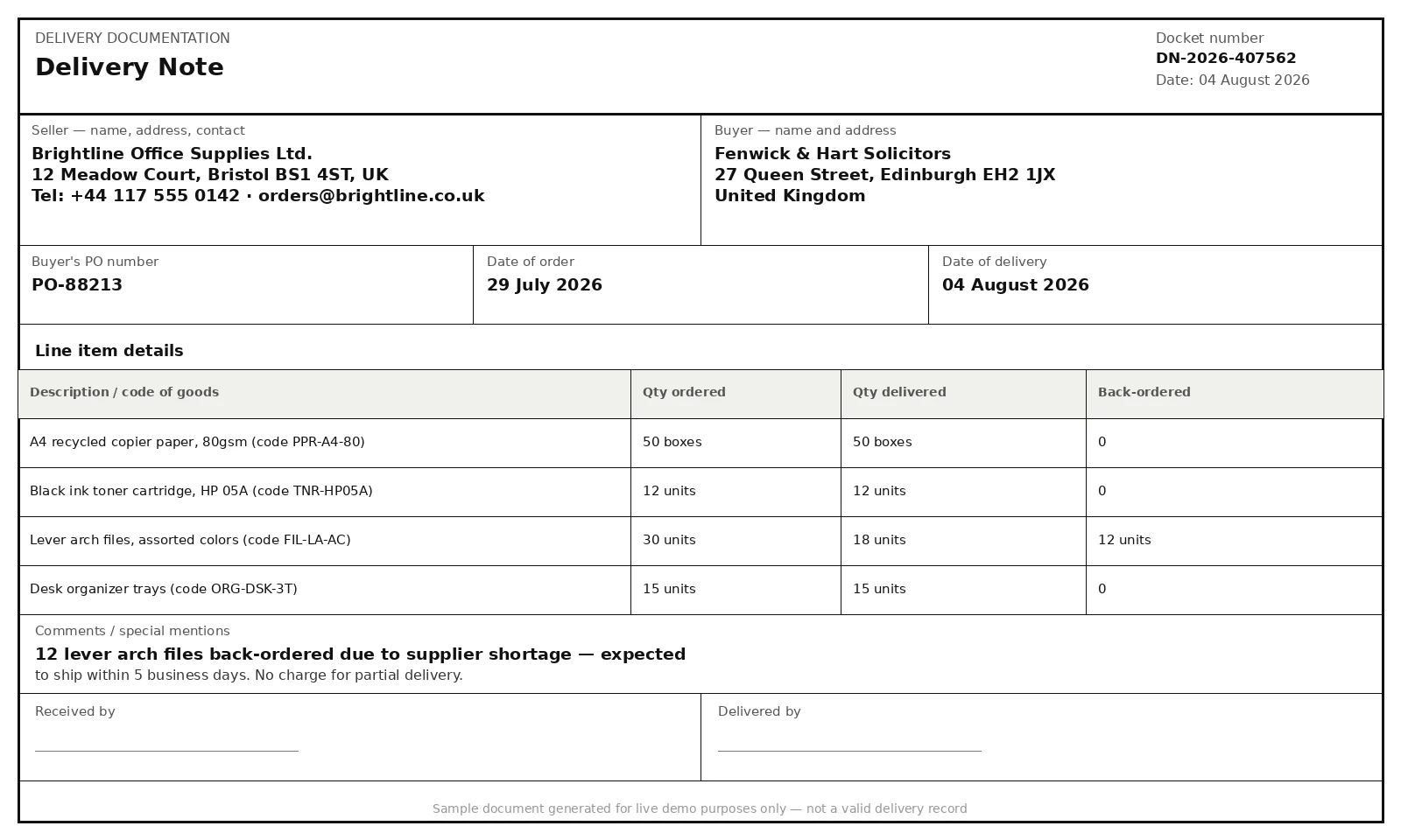 Sample Delivery Notes document