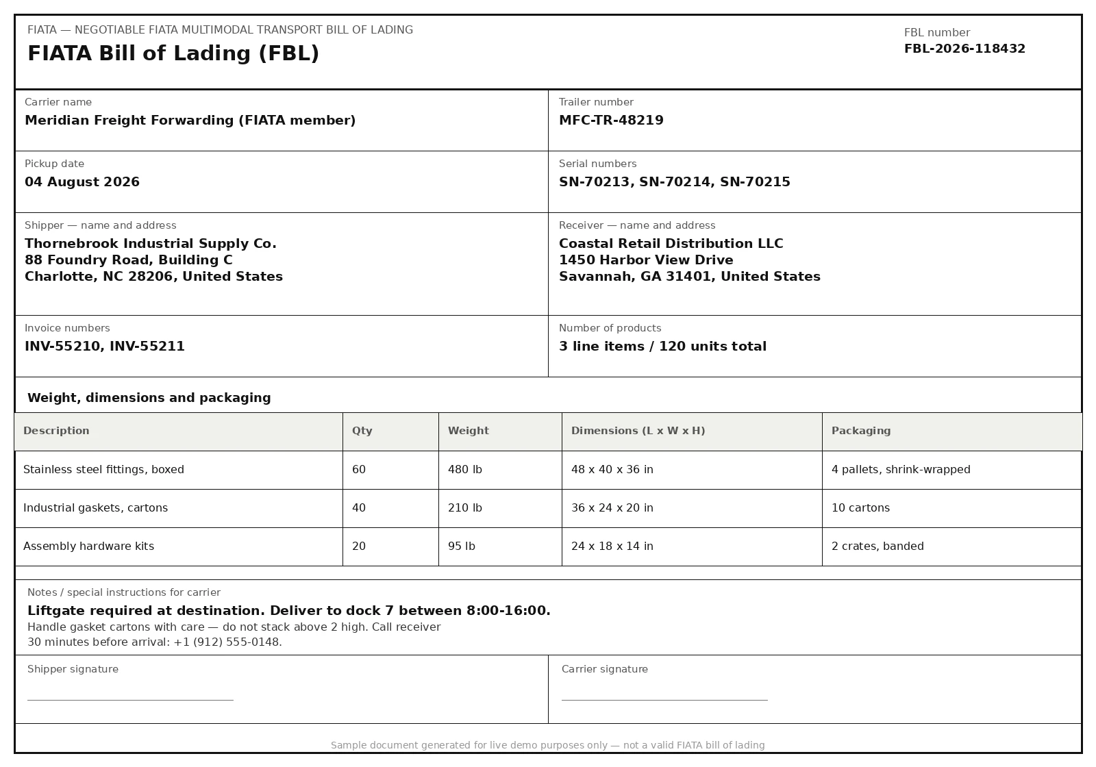 Sample Fiata Bills Of Lading document
