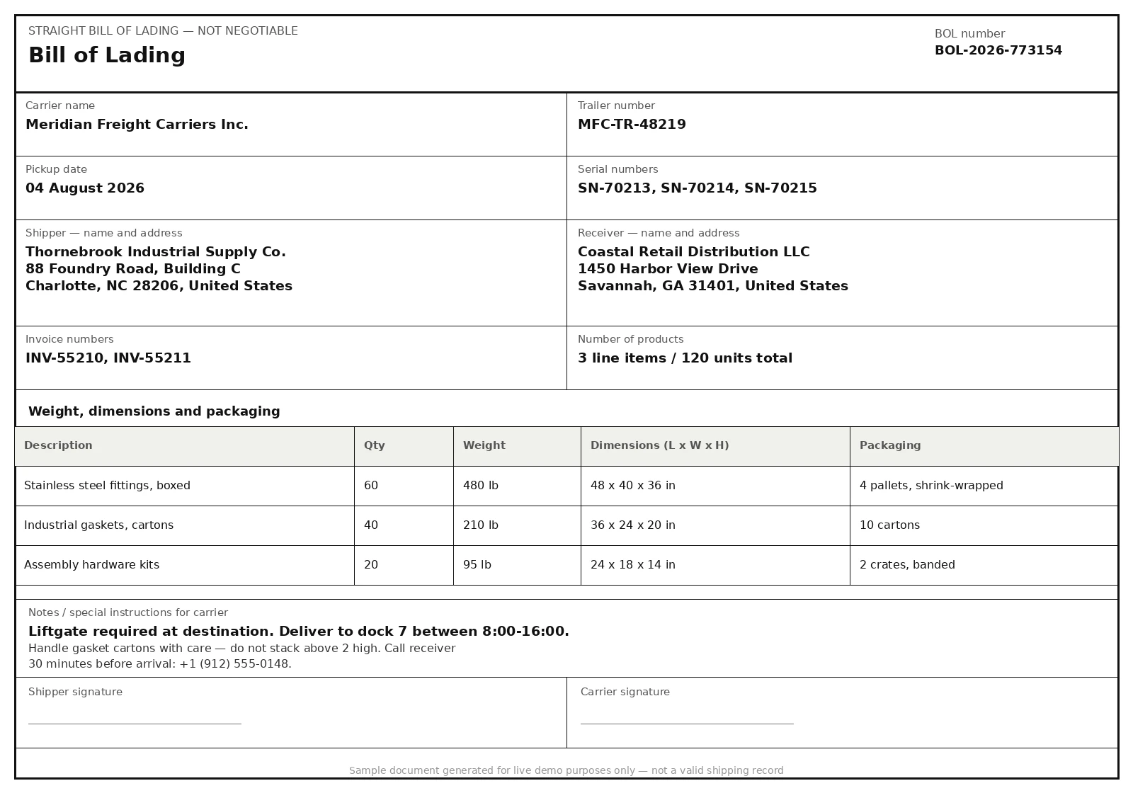 Sample Bill Of Lading document