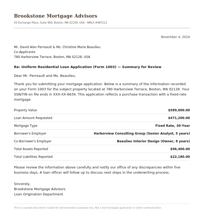 Sample 1003 Form Mortgage Application document